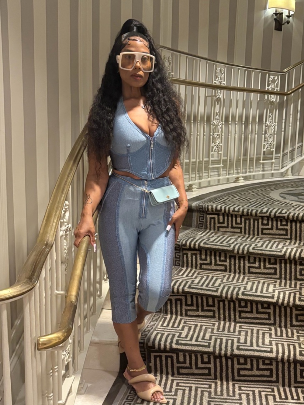 Light Blue Ribbed Knit Set - Women